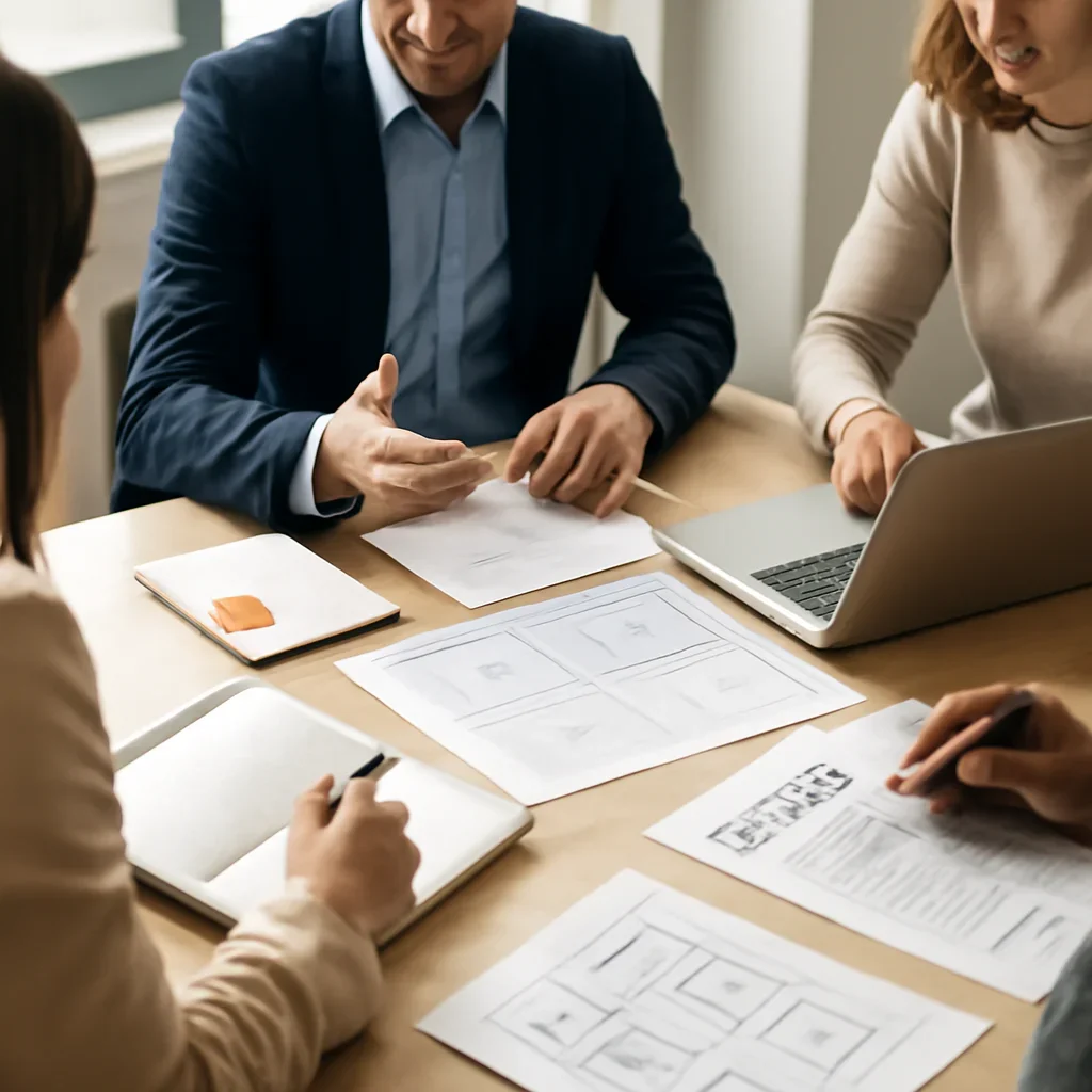 Call-to-action image for About featuring editorial planning meeting with notebooks, story boards, laptops, and newsroom notes