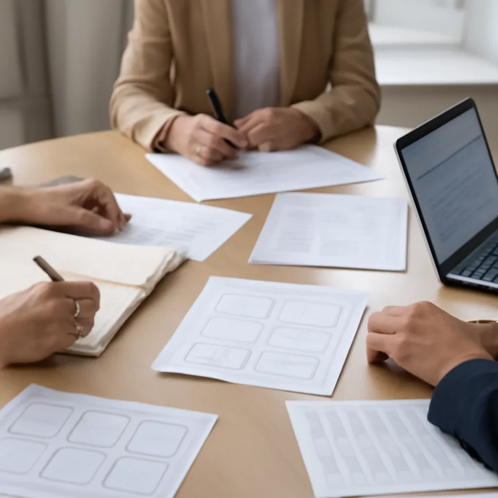 Context image for About featuring editorial planning meeting with notebooks, story boards, laptops, and newsroom notes