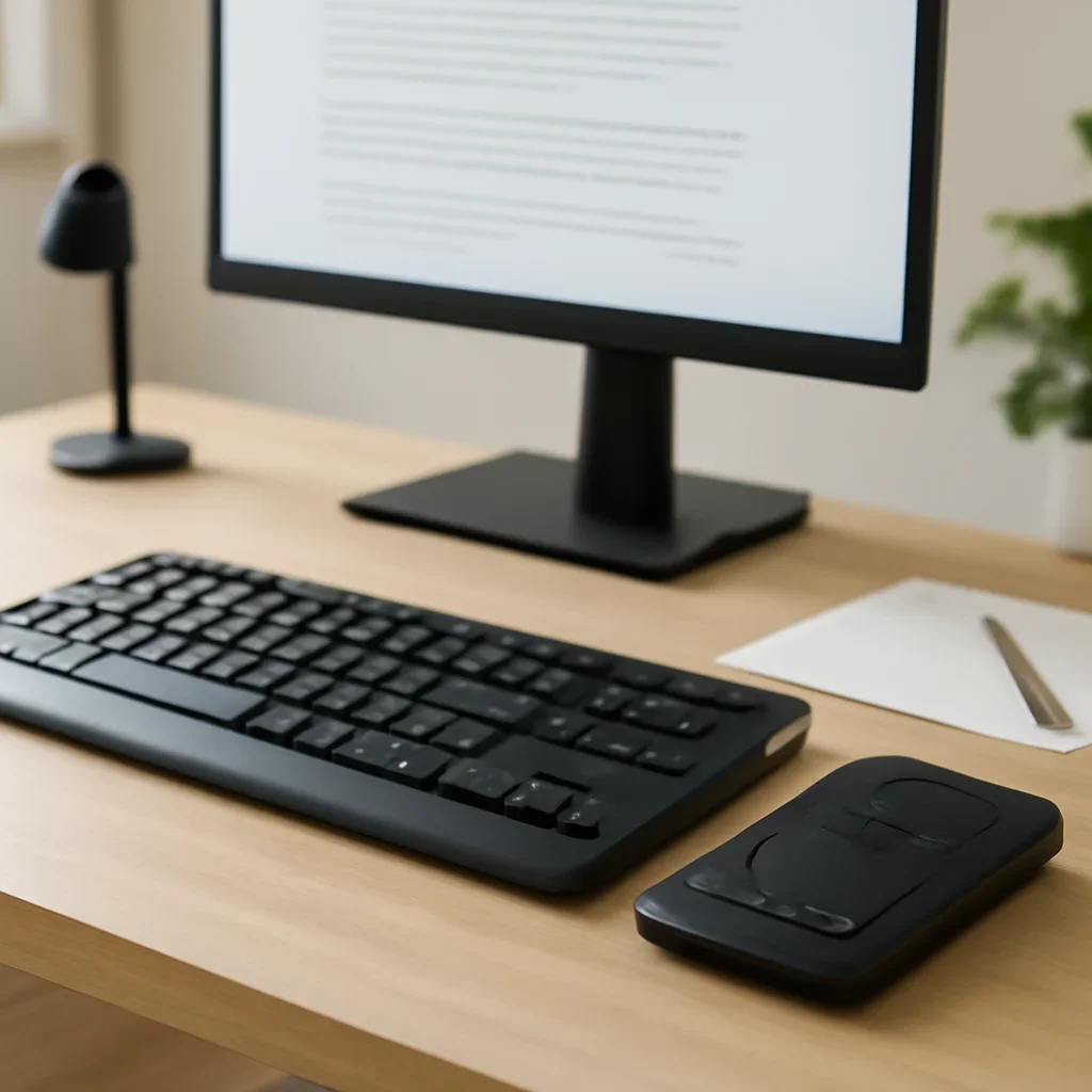Call-to-action image for Accessibility featuring accessible workstation with keyboard, screen reader context, and clear design notes