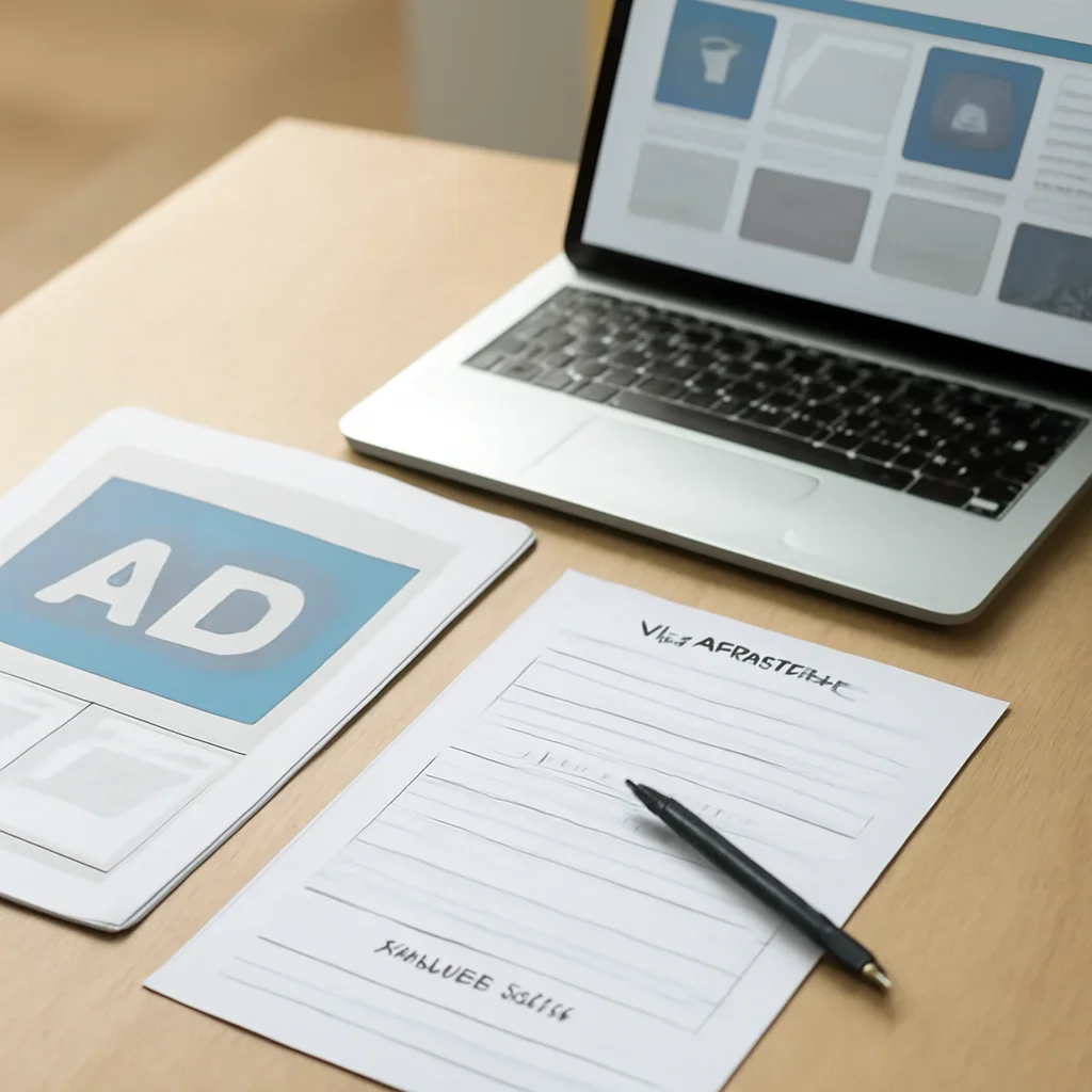 Call-to-action image for Advertise featuring media planning table with ad mockups, laptop, audience notes, and campaign documents