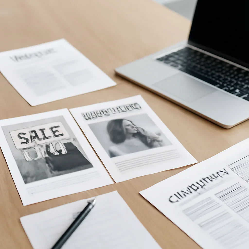 Context image for Advertise featuring media planning table with ad mockups, laptop, audience notes, and campaign documents