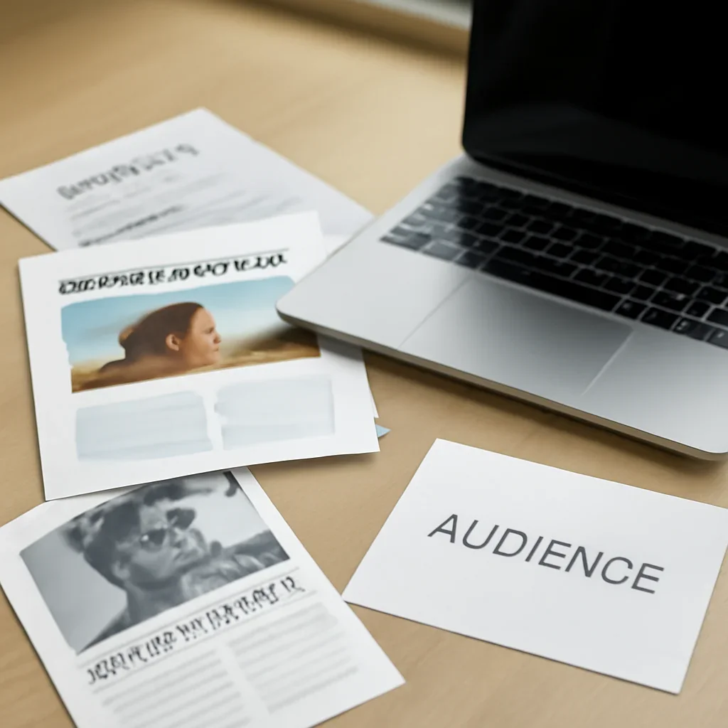 Supporting editorial image for Advertise showing media planning table with ad mockups, laptop, audience notes, and campaign documents