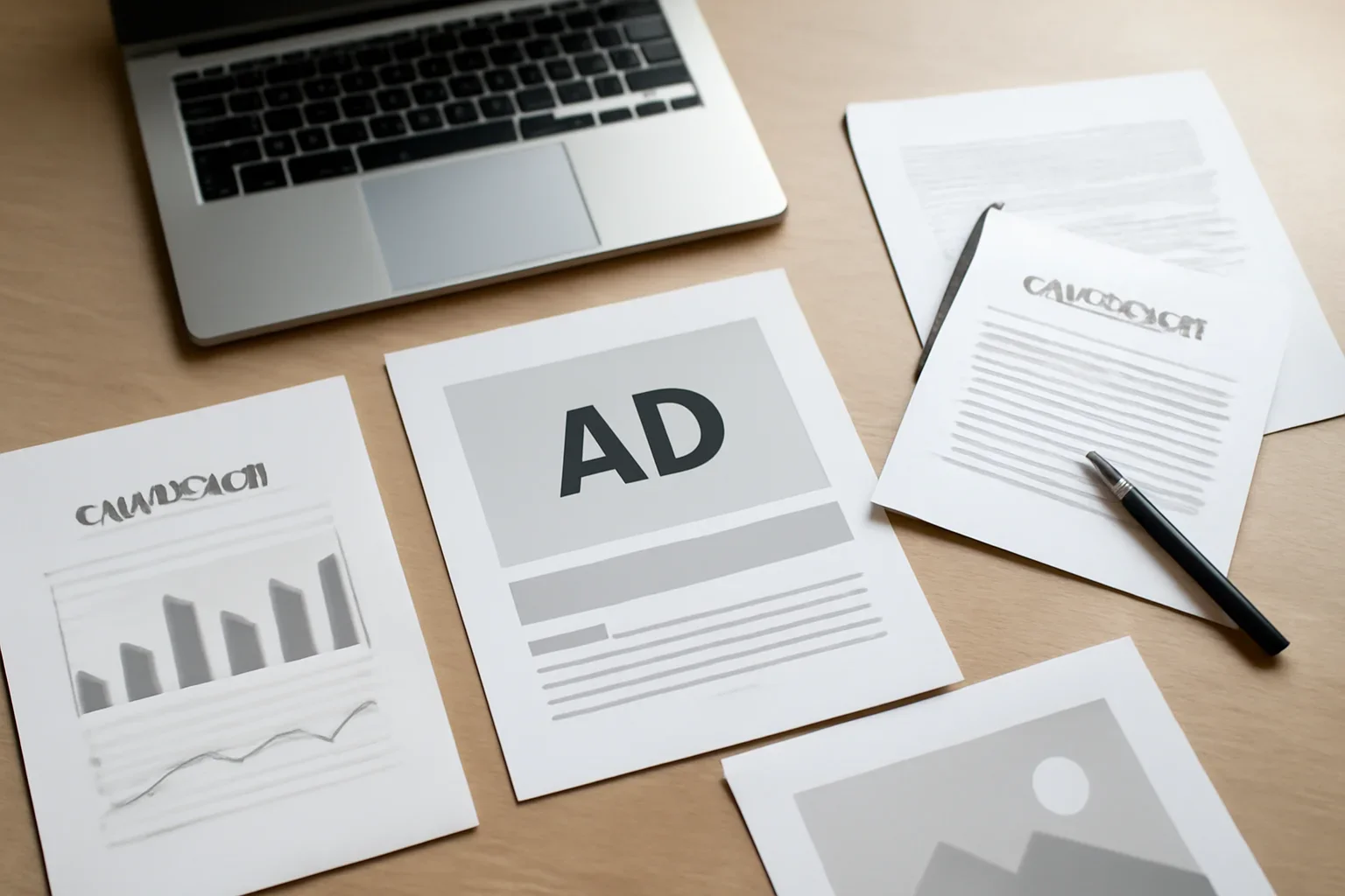 Advertise hero image showing media planning table with ad mockups, laptop, audience notes, and campaign documents