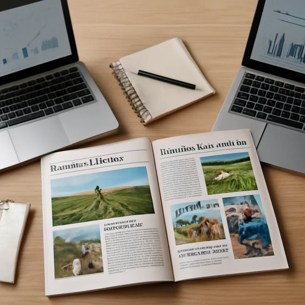 Context image for Agri-Business News featuring editorial workspace focused on food systems, farm economics, agri-tech, supply chains, and the business of agriculture, with laptops, notes, and clean magazine-style composition