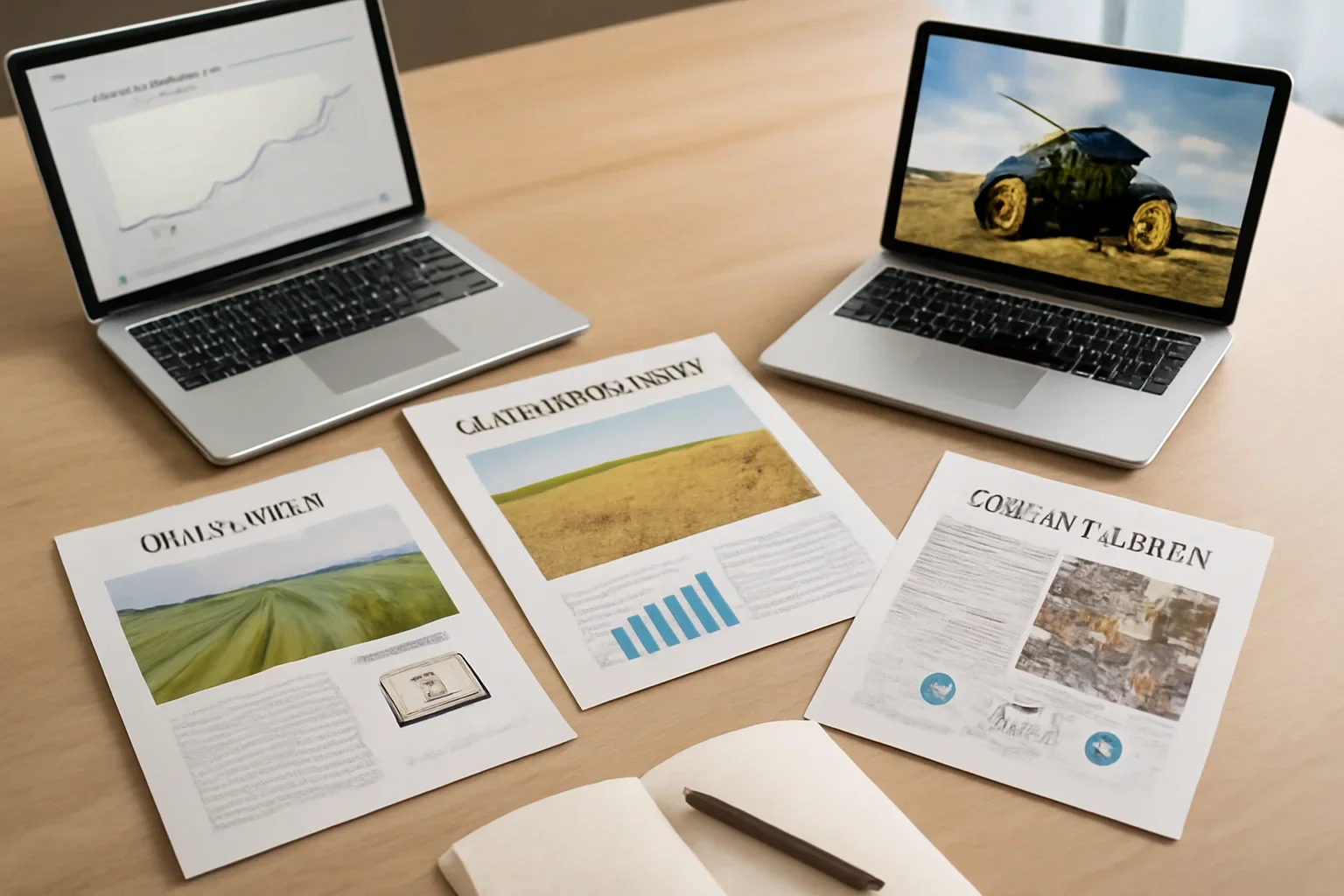 Agri-Business News hero image showing editorial workspace focused on food systems, farm economics, agri-tech, supply chains, and the business of agriculture, with laptops, notes, and clean magazine-style composition