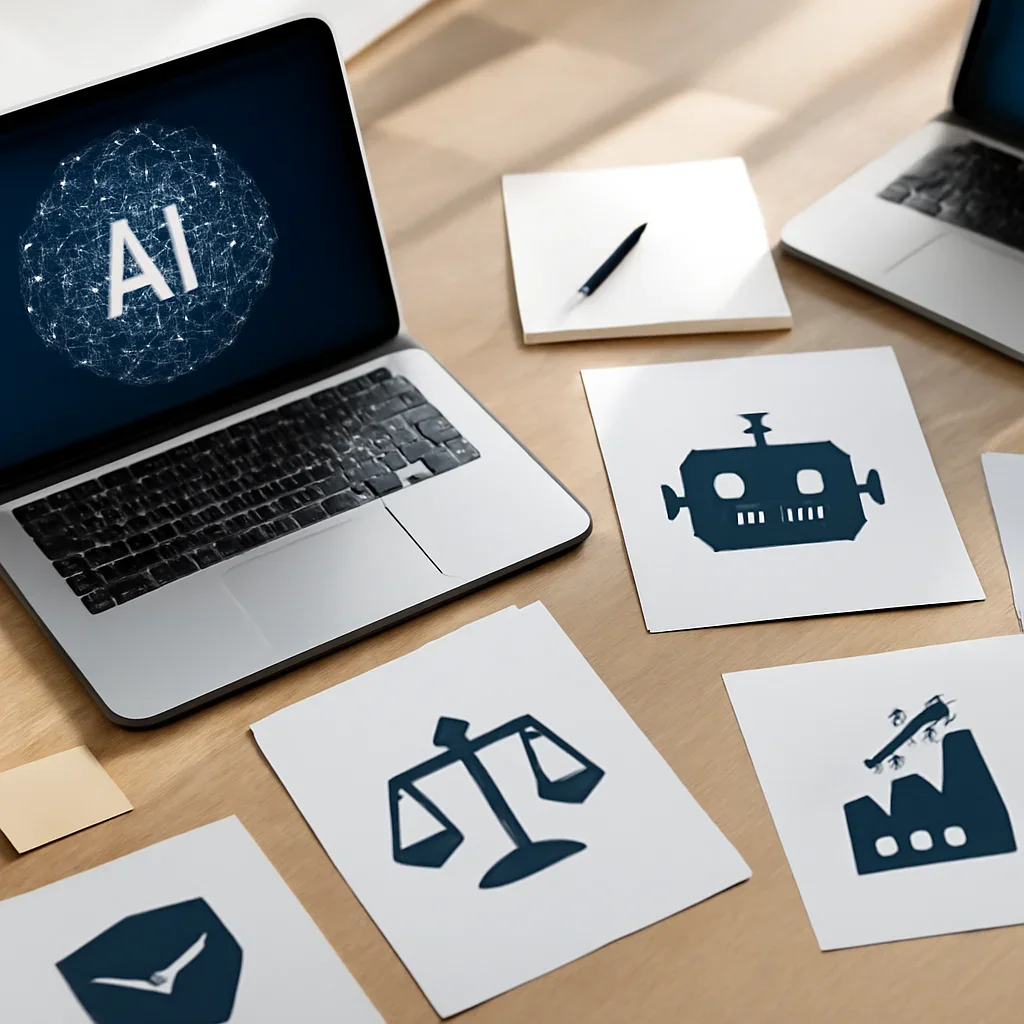 Context image for AI featuring editorial workspace focused on models, tools, safety, policy, enterprise use, and the practical consequences of AI adoption, with laptops, notes, and clean magazine-style composition