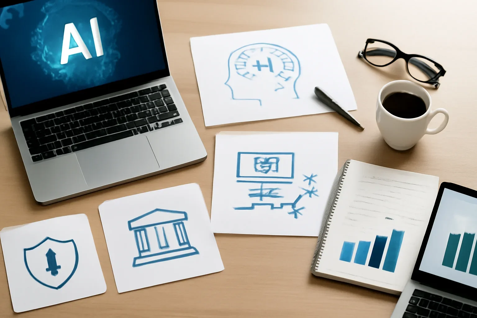 AI hero image showing editorial workspace focused on models, tools, safety, policy, enterprise use, and the practical consequences of AI adoption, with laptops, notes, and clean magazine-style composition