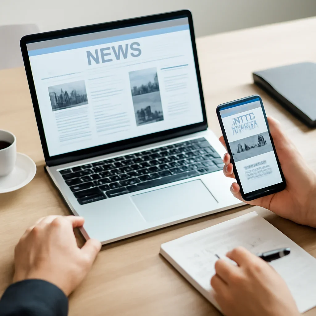Call-to-action image for Google News Alternatives featuring readers comparing google news alternatives options on laptops and phones with editorial notes and clean desk styling