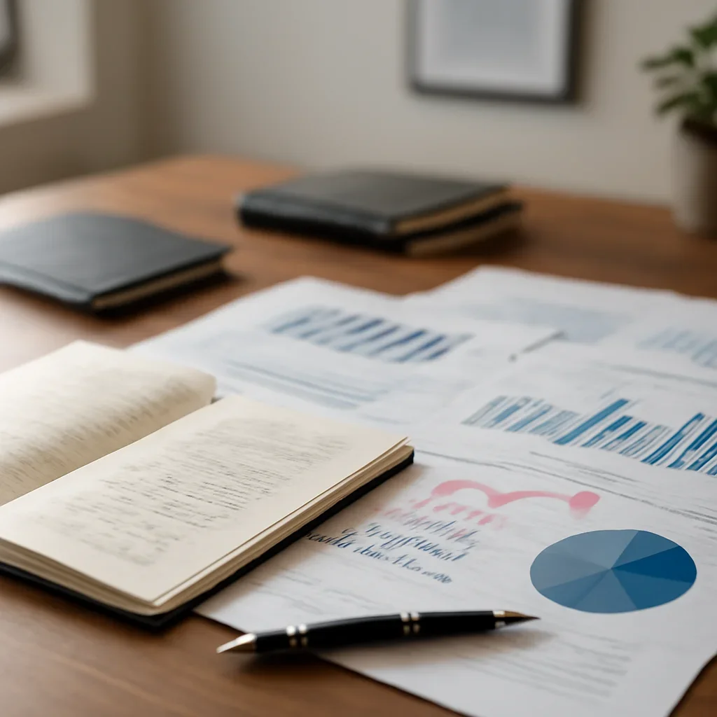 Supporting editorial image for Analysis showing analyst desk with notebooks, marked-up reports, charts, and a calm editorial setting