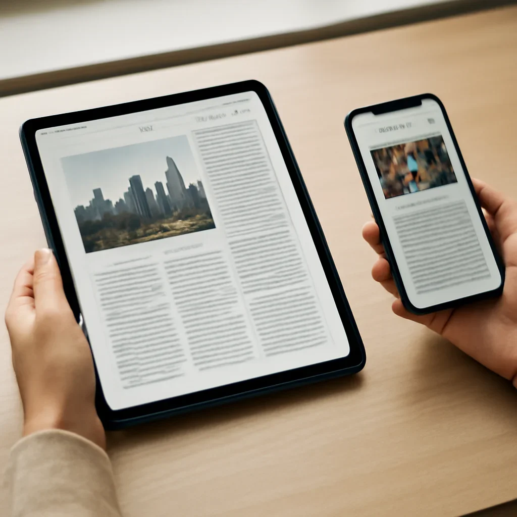 Call-to-action image for Apple News featuring mobile-first reading scene with tablet, phone, and clean editorial layouts