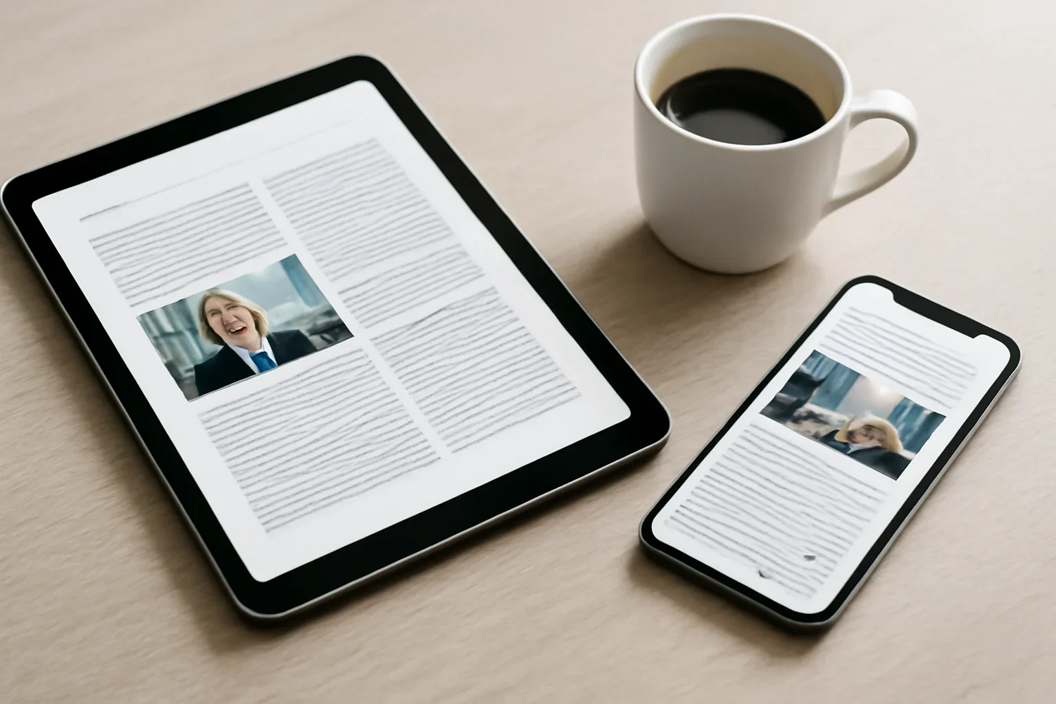 Apple News hero image showing mobile-first reading scene with tablet, phone, and clean editorial layouts