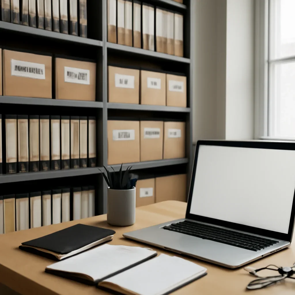 Call-to-action image for Archive featuring archive shelves with labeled issues, notebooks, and a search-focused editorial workspace