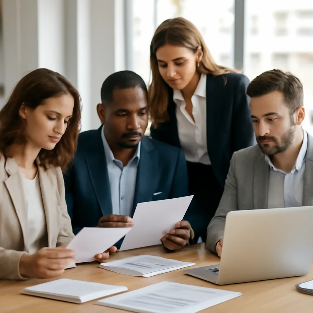 Context image for Authors featuring journalists reviewing drafts, headshots, notebooks, and beat planning materials in a bright newsroom