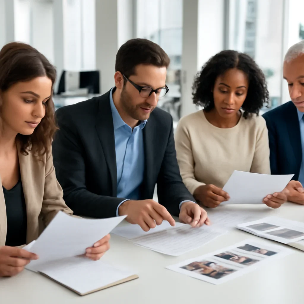 Supporting editorial image for Authors showing journalists reviewing drafts, headshots, notebooks, and beat planning materials in a bright newsroom