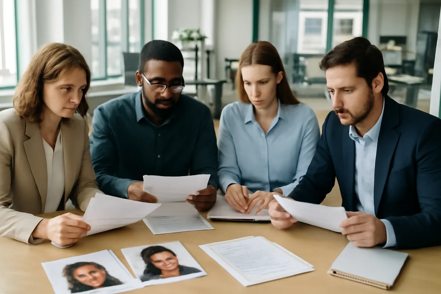 Authors hero image showing journalists reviewing drafts, headshots, notebooks, and beat planning materials in a bright newsroom