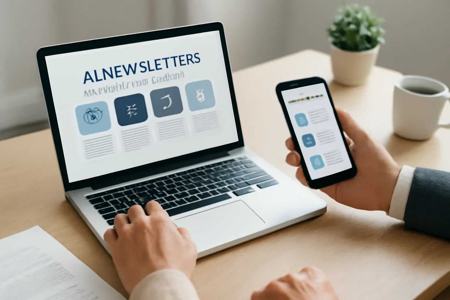 Best AI Newsletters hero image showing readers comparing best ai newsletters options on laptops and phones with editorial notes and clean desk styling