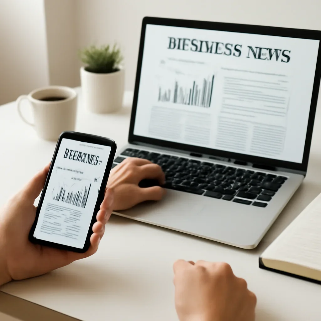 Call-to-action image for Best Business News Sites in India featuring readers comparing best business news sites in india options on laptops and phones with editorial notes and clean desk styling