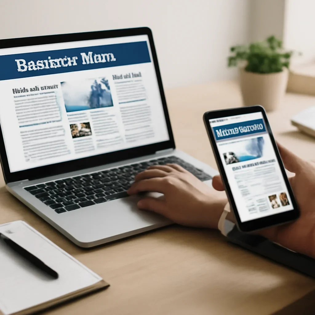 Supporting editorial image for Best Business News Sites in India showing readers comparing best business news sites in india options on laptops and phones with editorial notes and clean desk styling