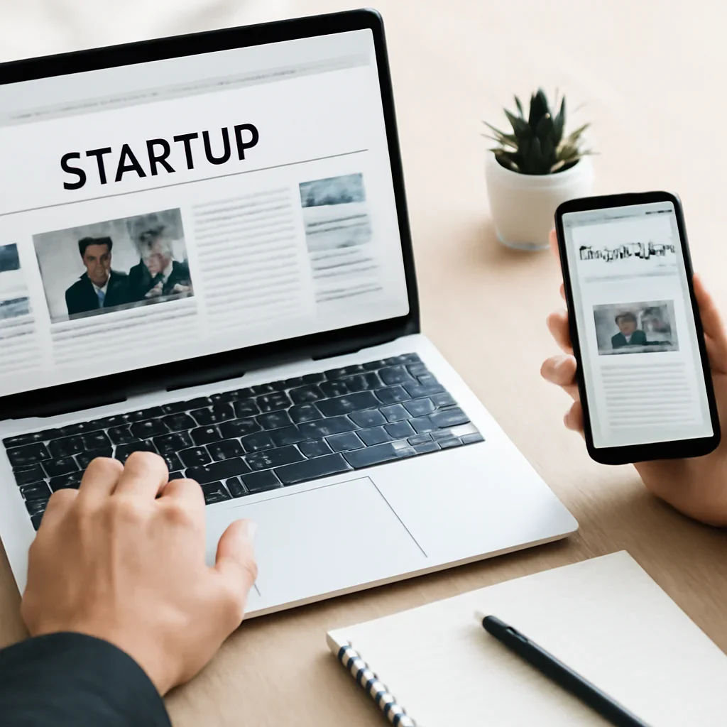 Supporting editorial image for Best Startup News Sites in India showing readers comparing best startup news sites in india options on laptops and phones with editorial notes and clean desk styling