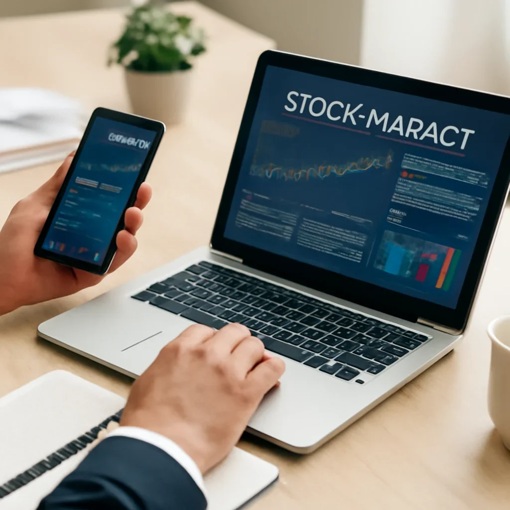 Call-to-action image for Best Stock Market News Apps in India featuring readers comparing best stock market news apps in india options on laptops and phones with editorial notes and clean desk styling
