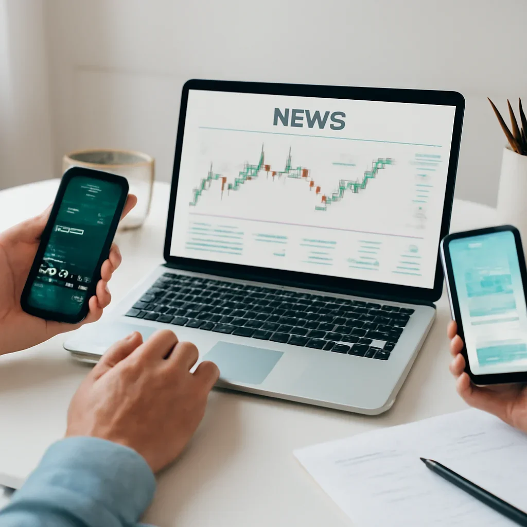 Supporting editorial image for Best Stock Market News Apps in India showing readers comparing best stock market news apps in india options on laptops and phones with editorial notes and clean desk styling