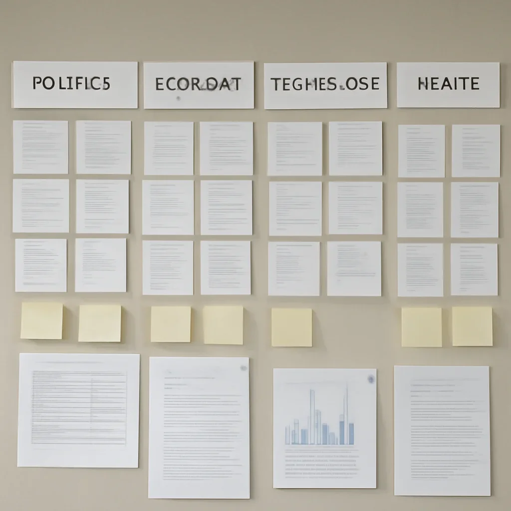 Call-to-action image for Best Ways to Compare News Apps Before You Switch featuring organized newsroom wall of topic cards, section labels, and editorial planning documents, tailored to the article topic 'Best Ways to Compare News Apps Before You Switch'