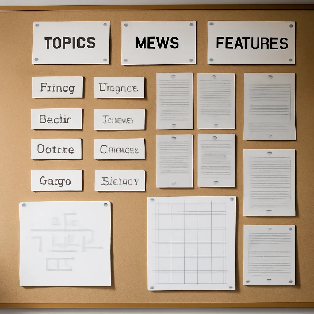 Supporting editorial image for Best Ways to Compare News Apps Before You Switch showing organized newsroom wall of topic cards, section labels, and editorial planning documents, tailored to the article topic 'Best Ways to Compare News Apps Before You Switch'