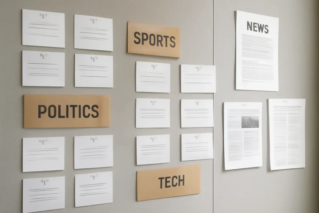 Best Ways to Compare News Apps Before You Switch hero image showing organized newsroom wall of topic cards, section labels, and editorial planning documents, tailored to the article topic 'Best Ways to Compare News Apps Before You Switch'