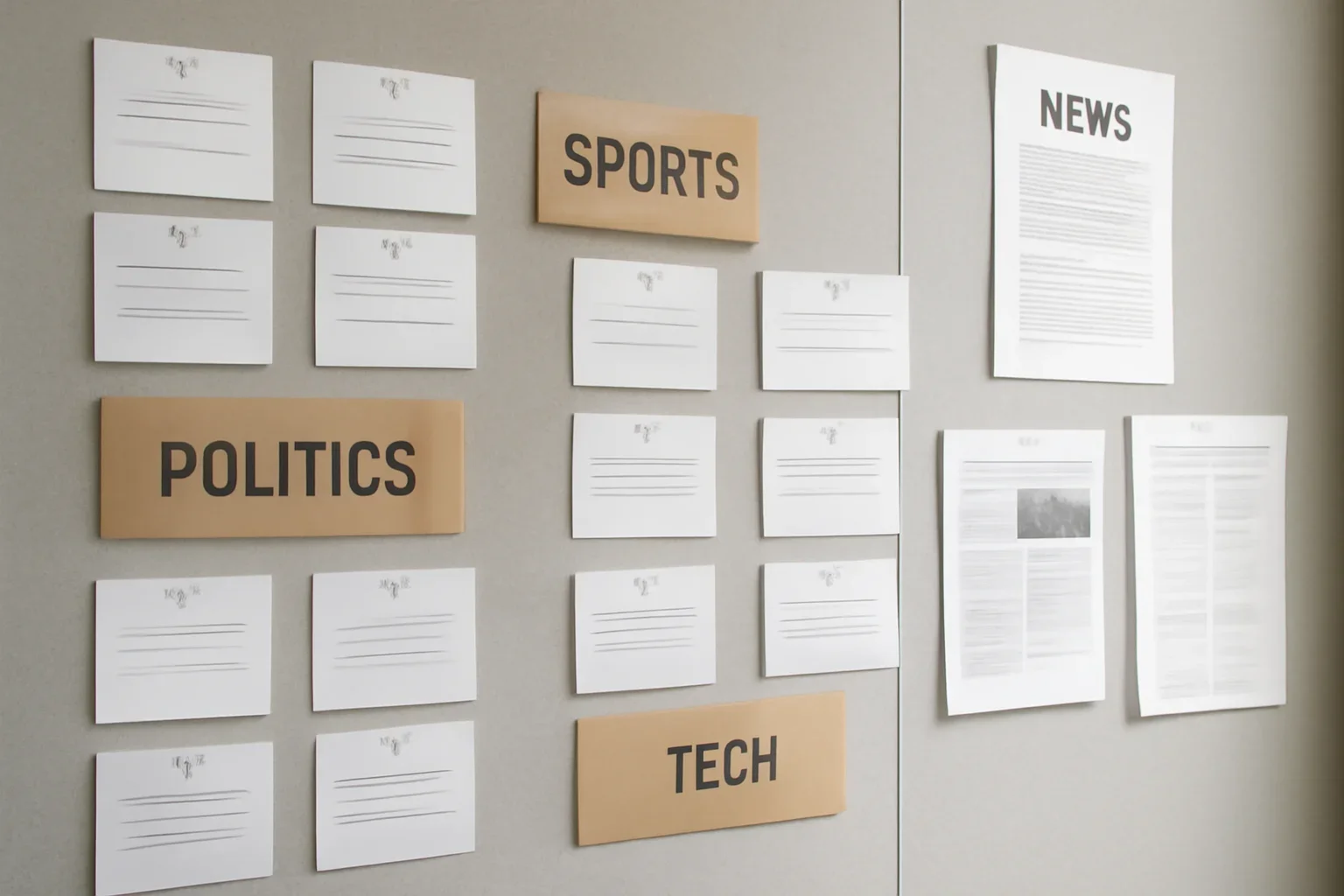 Best Ways to Compare News Apps Before You Switch hero image showing organized newsroom wall of topic cards, section labels, and editorial planning documents, tailored to the article topic 'Best Ways to Compare News Apps Before You Switch'
