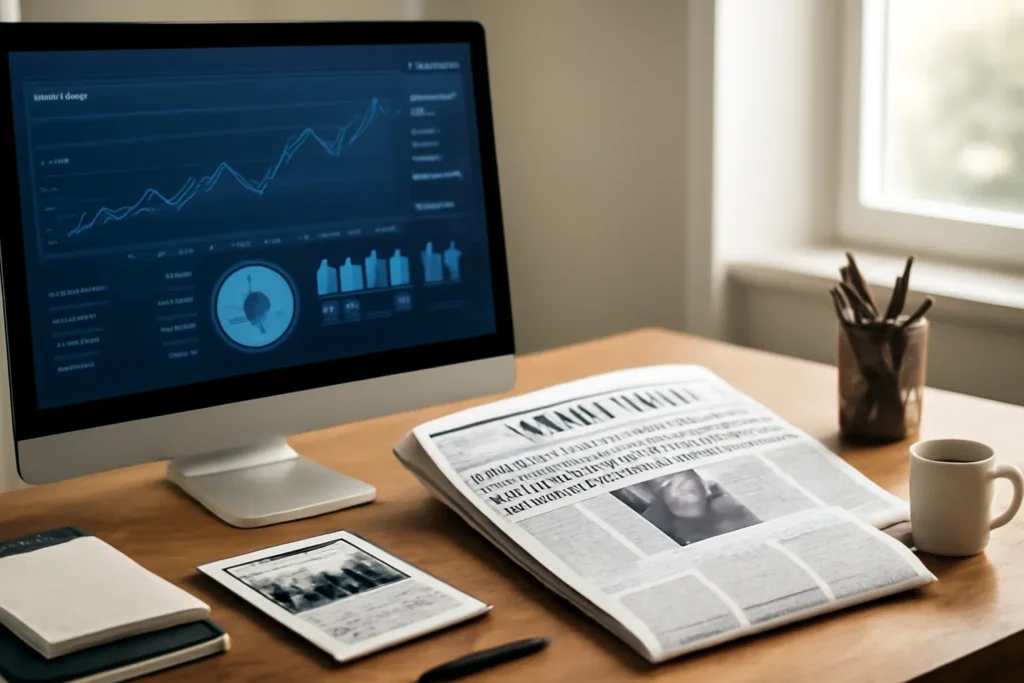 Explained: What Makes a Story Trend Online hero image showing analytics dashboard and editorial desk showing popular stories, reader signals, and highlighted headlines, tailored to the article topic 'Explained: What Makes a Story Trend Online'