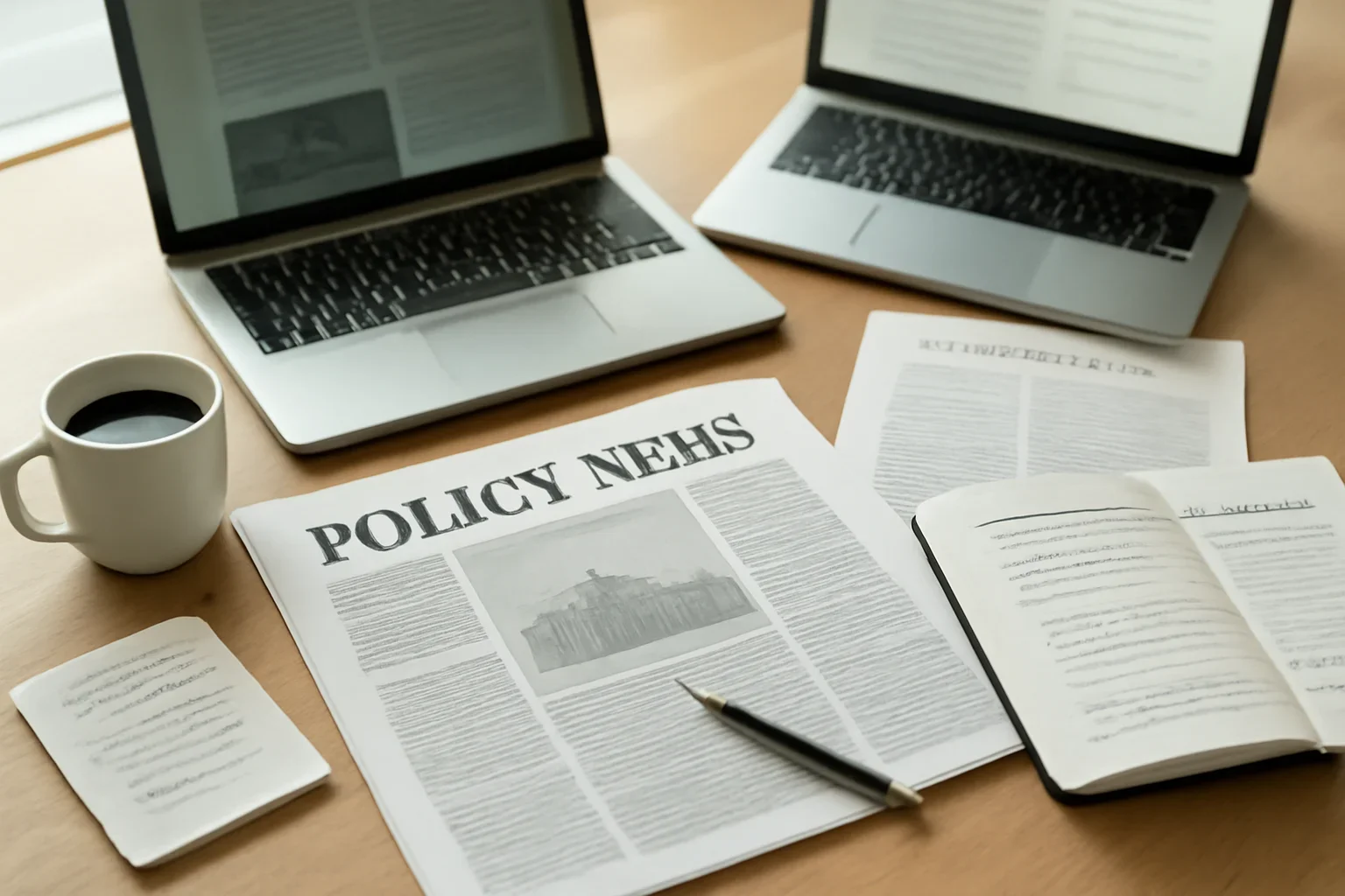 How to Follow Policy News Without Falling for Noise hero image showing editorial workspace focused on government decisions, regulatory moves, institutional debates, and what they mean beyond the official statement, with laptops, notes, and clean magazine-style composition, tailored to the article topic 'How to Follow Policy News Without Falling for Noise'