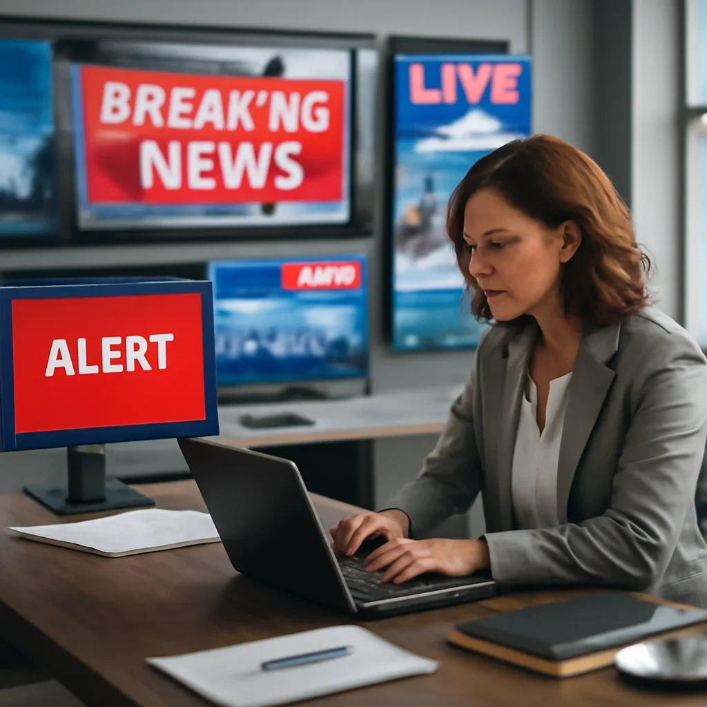 Call-to-action image for How to Set Up a Smart Daily News Reading Workflow featuring news desk with live headline panels, alerts, notebooks, and a fast-moving editorial workflow, tailored to the article topic 'How to Set Up a Smart Daily News Reading Workflow'