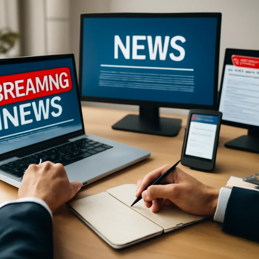 Supporting editorial image for How to Set Up a Smart Daily News Reading Workflow showing news desk with live headline panels, alerts, notebooks, and a fast-moving editorial workflow, tailored to the article topic 'How to Set Up a Smart Daily News Reading Workflow'