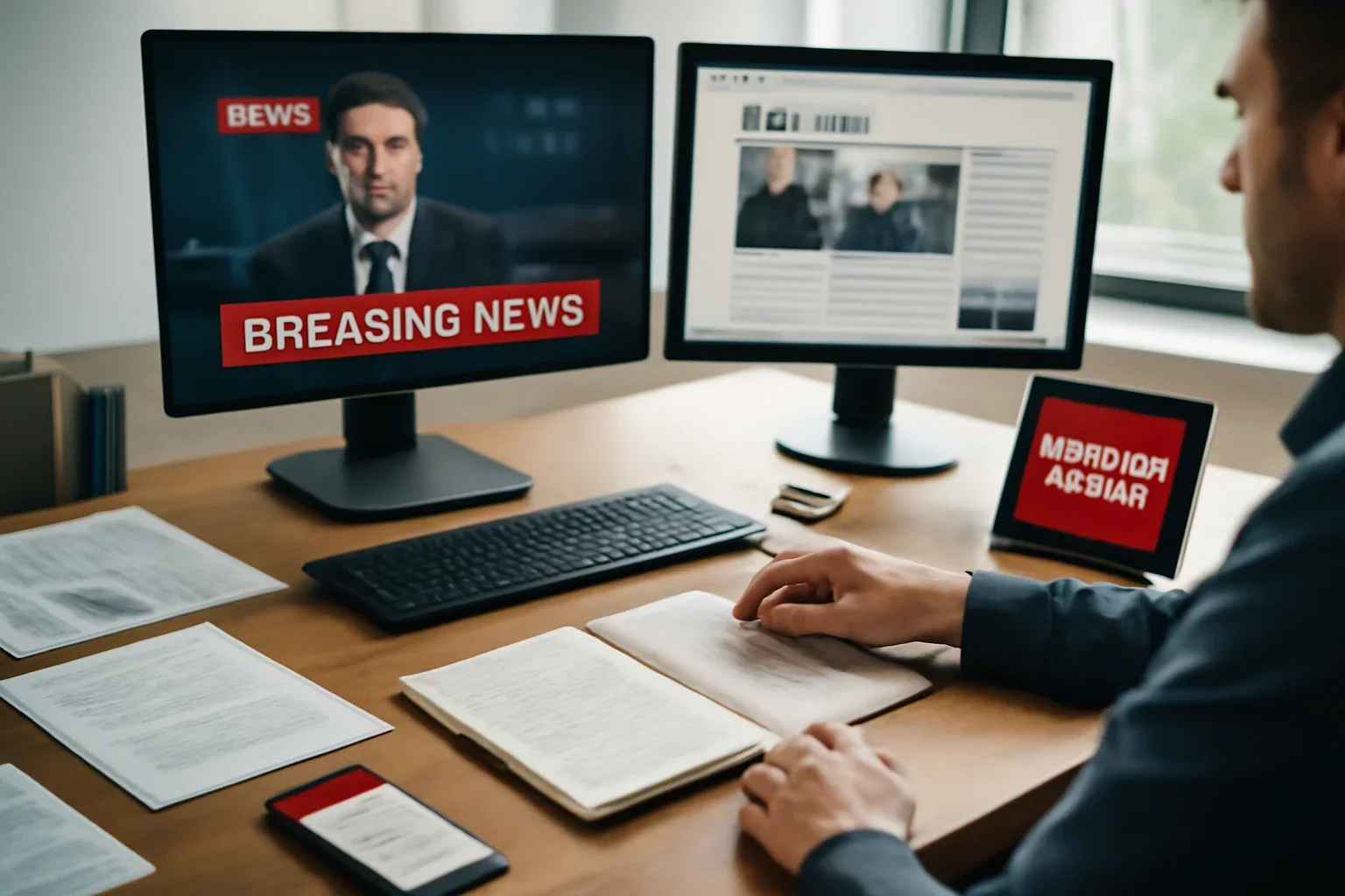How to Set Up a Smart Daily News Reading Workflow hero image showing news desk with live headline panels, alerts, notebooks, and a fast-moving editorial workflow, tailored to the article topic 'How to Set Up a Smart Daily News Reading Workflow'