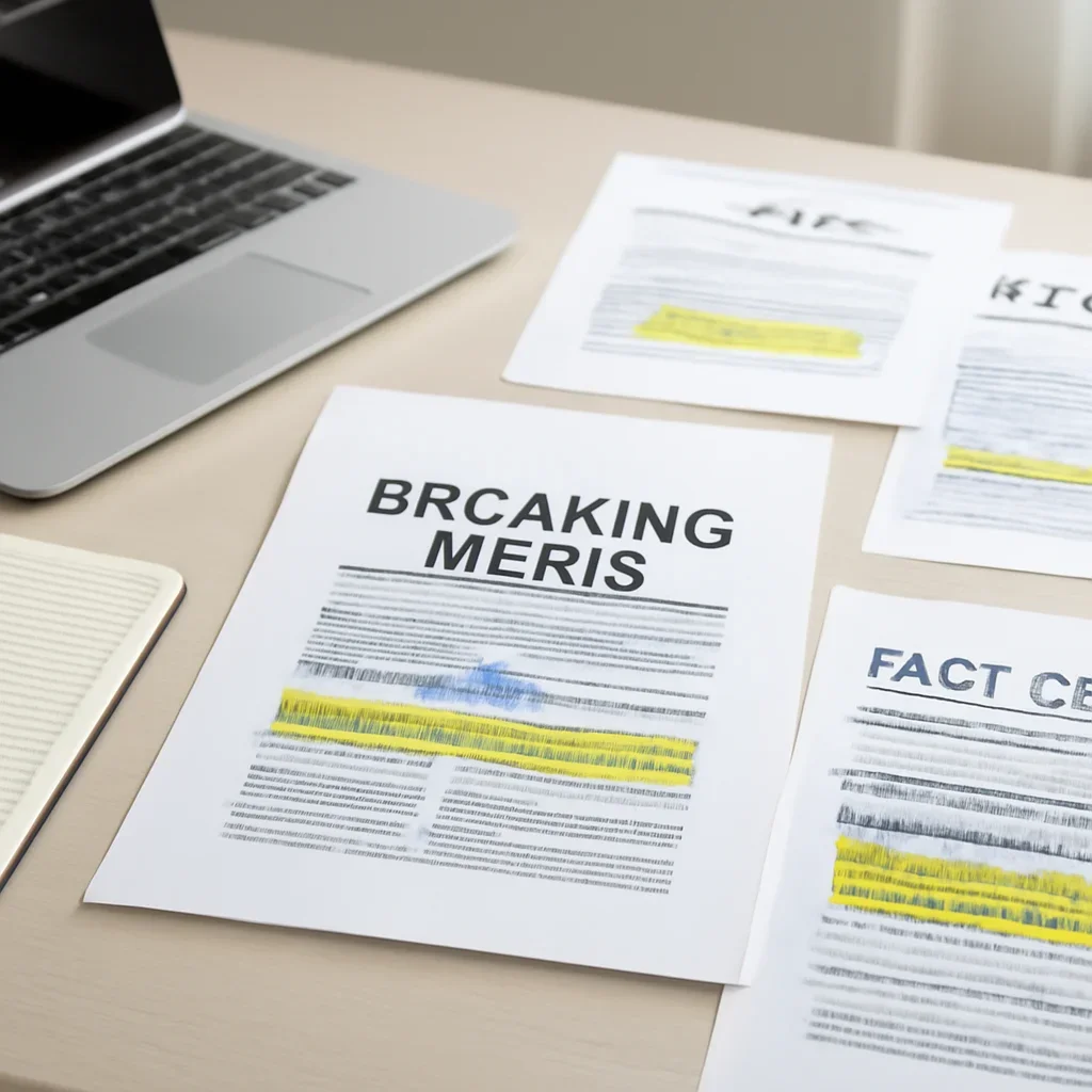 Supporting editorial image for How to Verify Breaking News Before You Share It showing fact-checking workstation with documents, highlighted claims, verification notes, and a clean desk, tailored to the article topic 'How to Verify Breaking News Before You Share It'