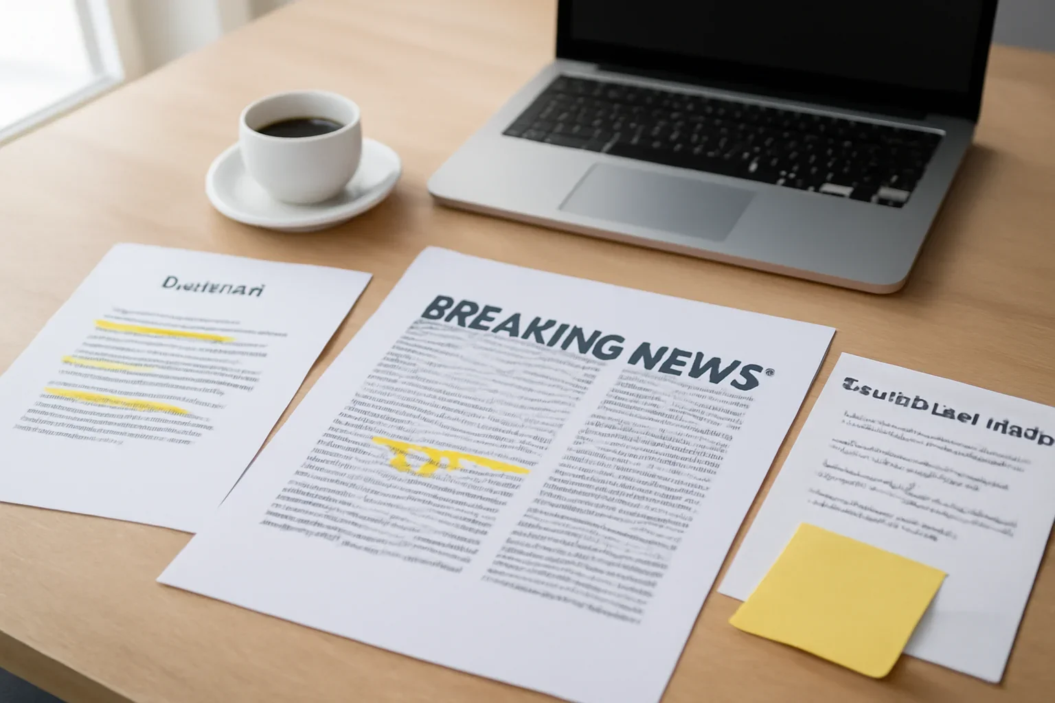 How to Verify Breaking News Before You Share It hero image showing fact-checking workstation with documents, highlighted claims, verification notes, and a clean desk, tailored to the article topic 'How to Verify Breaking News Before You Share It'