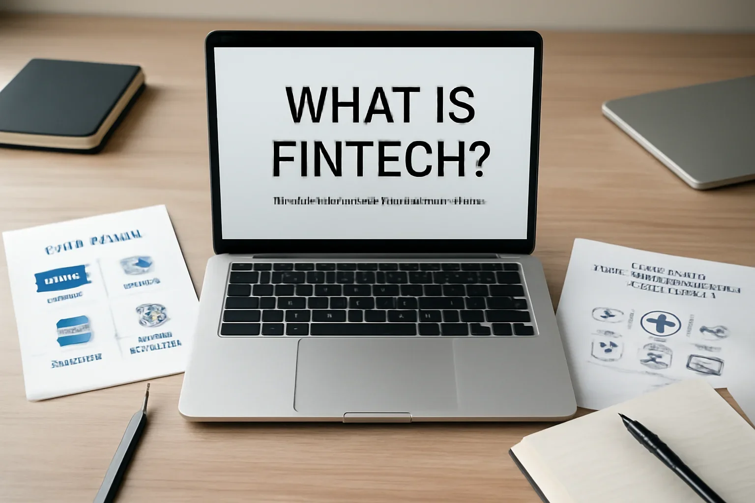 What Is Fintech and Which Trends Actually Matter? hero image showing editorial workspace focused on payments, lending, digital banking, insurance technology, and the startups reshaping money movement, with laptops, notes, and clean magazine-style composition, tailored to the article topic 'What Is Fintech and Which Trends Actually Matter?'