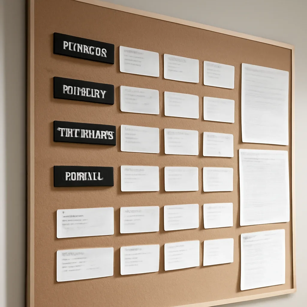 Call-to-action image for What Makes a Good News Source in the AI Era? featuring organized newsroom wall of topic cards, section labels, and editorial planning documents, tailored to the article topic 'What Makes a Good News Source in the AI Era?'