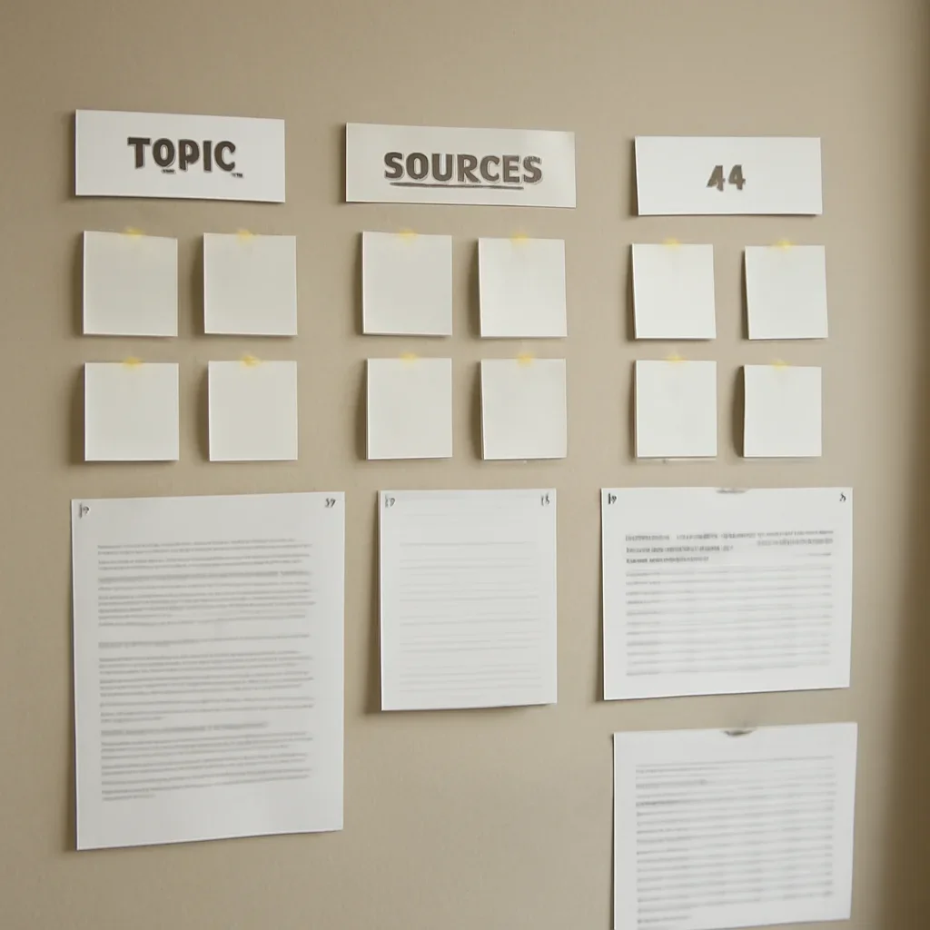 Supporting editorial image for What Makes a Good News Source in the AI Era? showing organized newsroom wall of topic cards, section labels, and editorial planning documents, tailored to the article topic 'What Makes a Good News Source in the AI Era?'