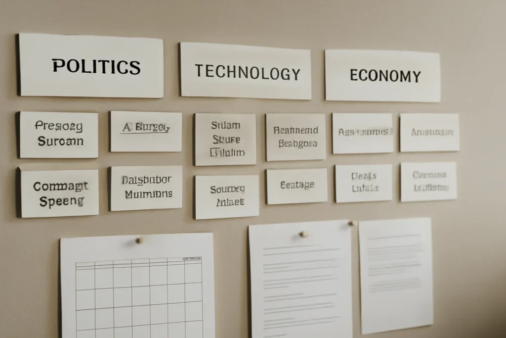 What Makes a Good News Source in the AI Era? hero image showing organized newsroom wall of topic cards, section labels, and editorial planning documents, tailored to the article topic 'What Makes a Good News Source in the AI Era?'