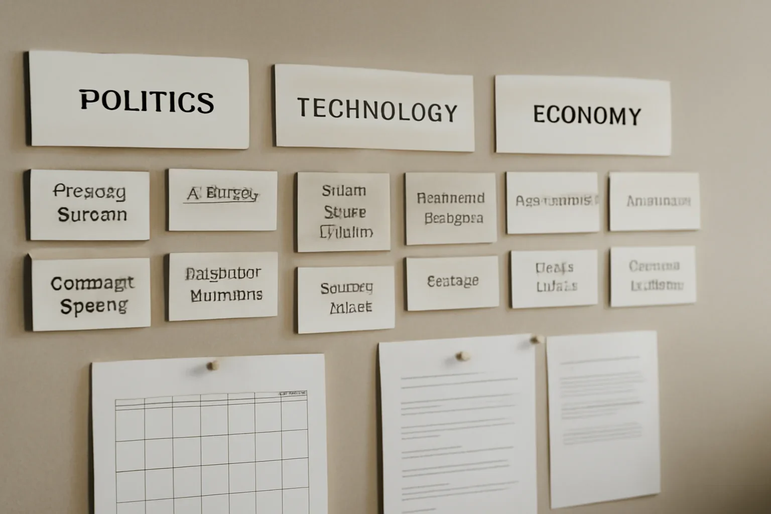 What Makes a Good News Source in the AI Era? hero image showing organized newsroom wall of topic cards, section labels, and editorial planning documents, tailored to the article topic 'What Makes a Good News Source in the AI Era?'