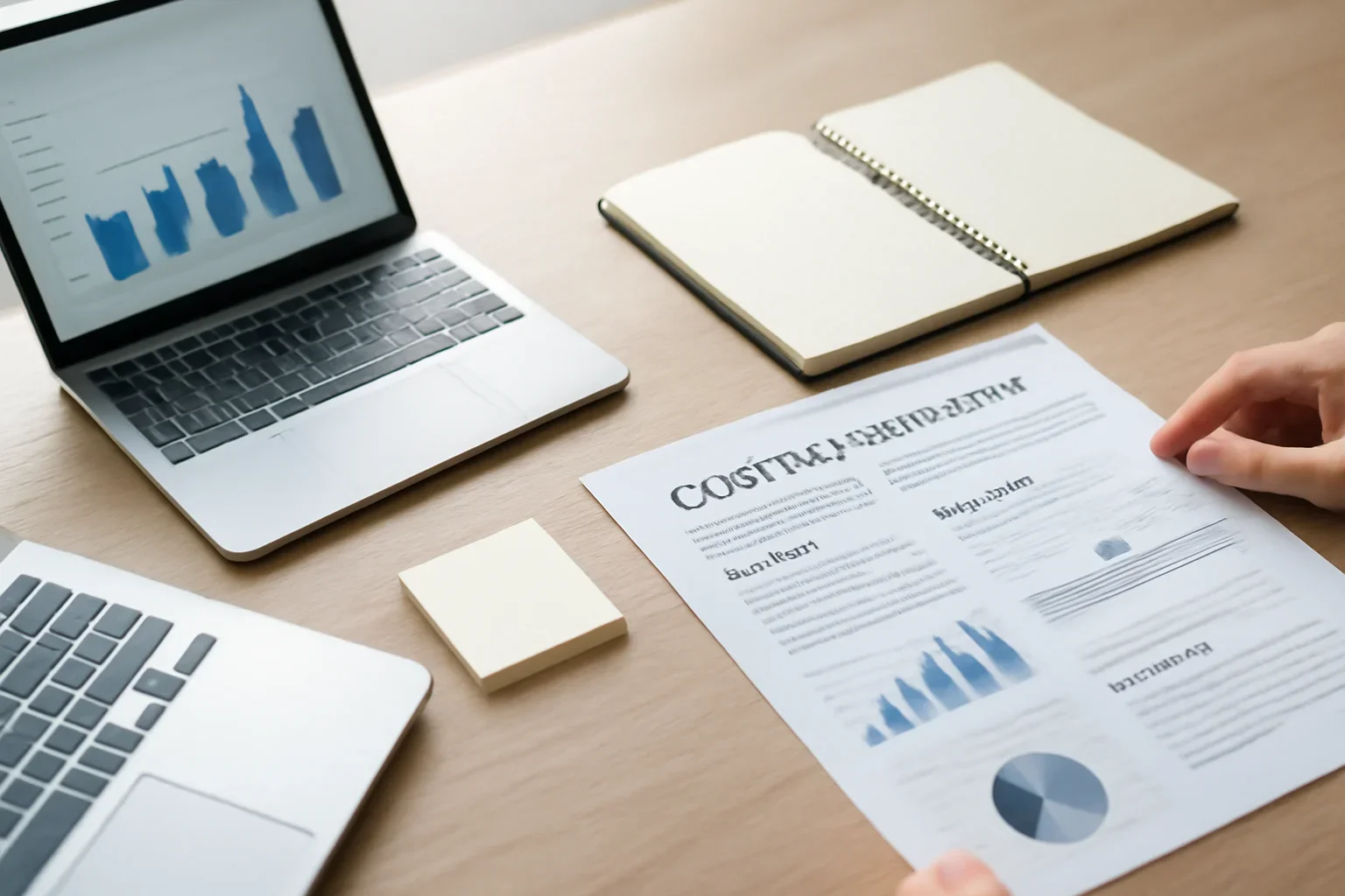Business News hero image showing editorial workspace focused on company strategy, earnings, executive moves, policy shifts, and the trends that change how firms grow, with laptops, notes, and clean magazine-style composition