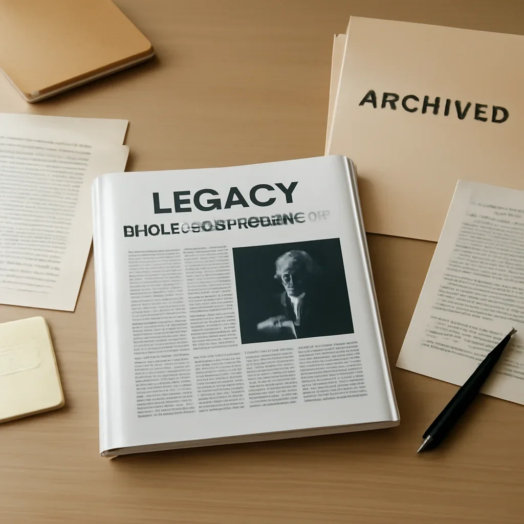 Call-to-action image for Legacy Entertainment Category featuring archived editorial materials related to legacy entertainment category, with documents, notes, and a magazine-style desk