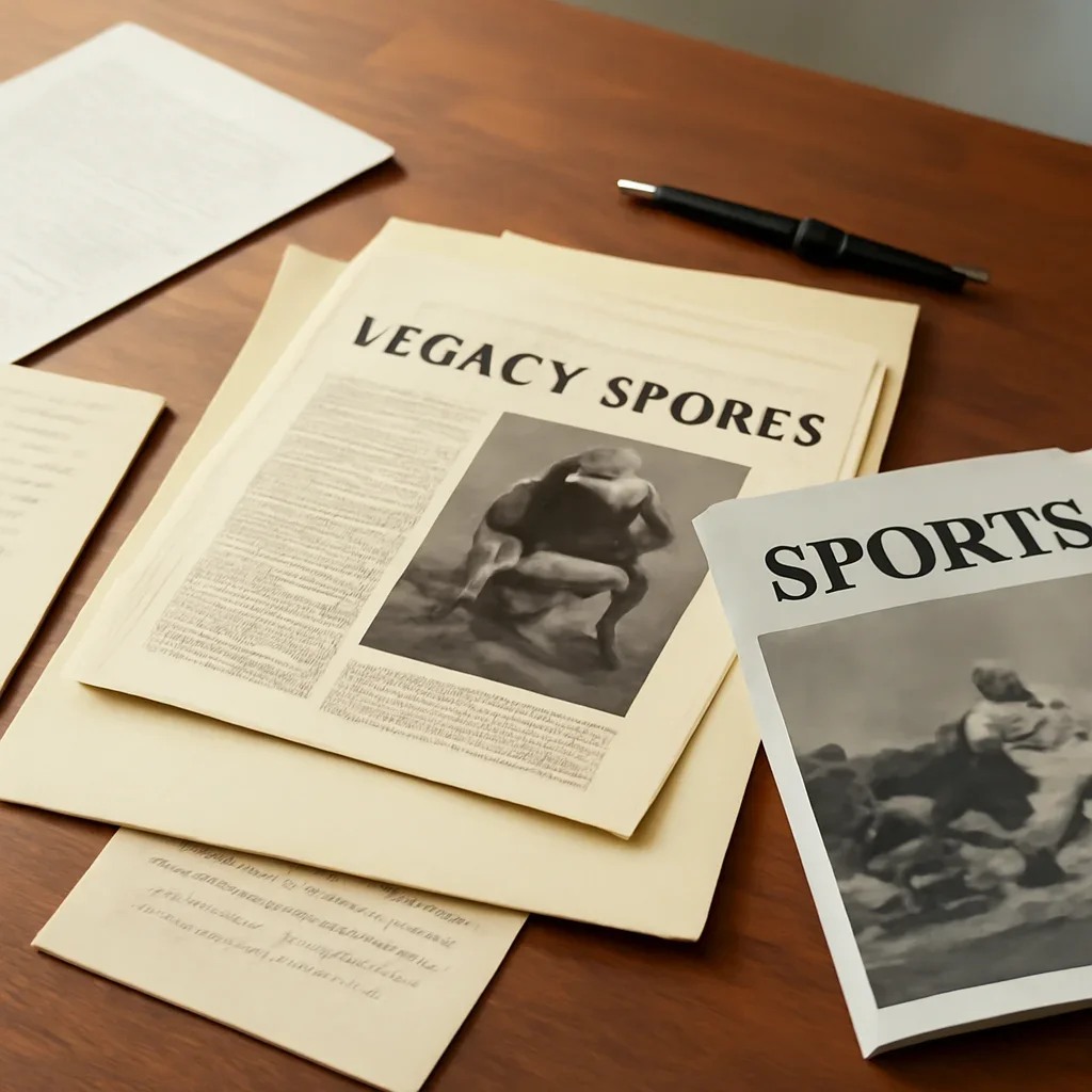 Call-to-action image for Legacy Sports Category featuring archived editorial materials related to legacy sports category, with documents, notes, and a magazine-style desk
