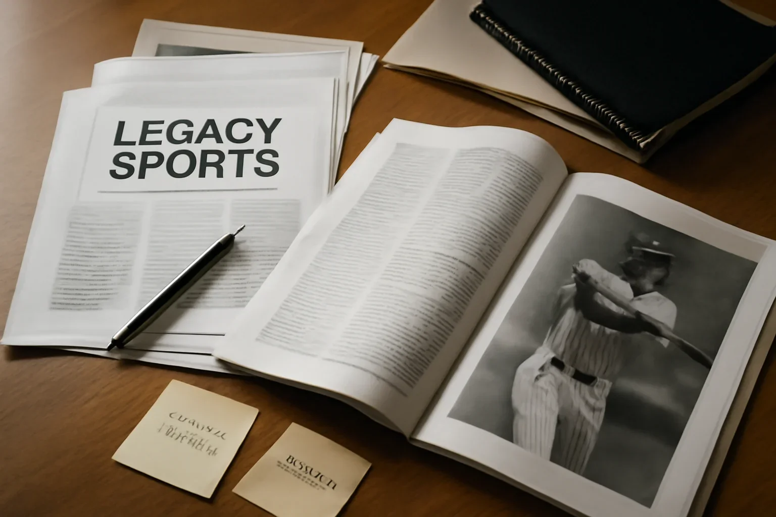 Legacy Sports Category hero image showing archived editorial materials related to legacy sports category, with documents, notes, and a magazine-style desk