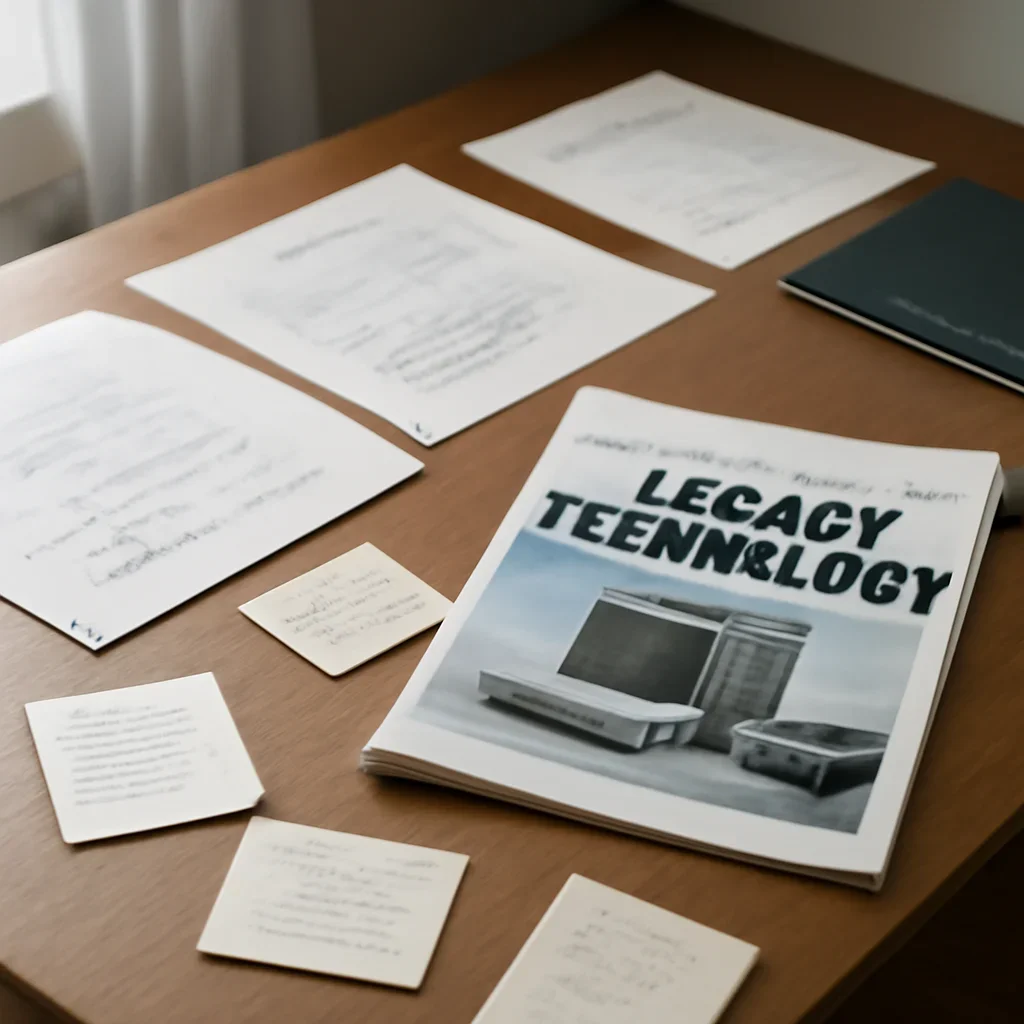 Call-to-action image for Legacy Technology Category featuring archived editorial materials related to legacy technology category, with documents, notes, and a magazine-style desk