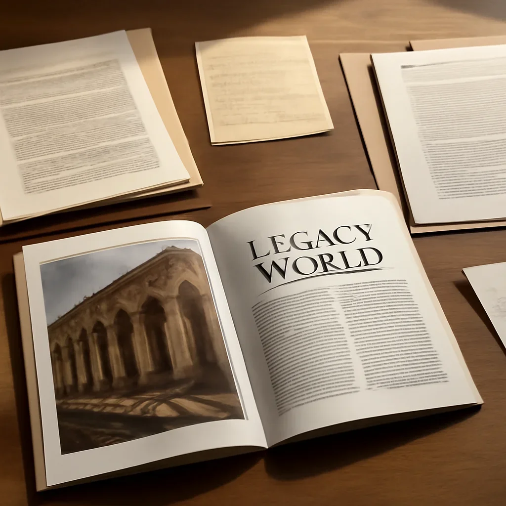 Call-to-action image for Legacy World Category featuring archived editorial materials related to legacy world category, with documents, notes, and a magazine-style desk