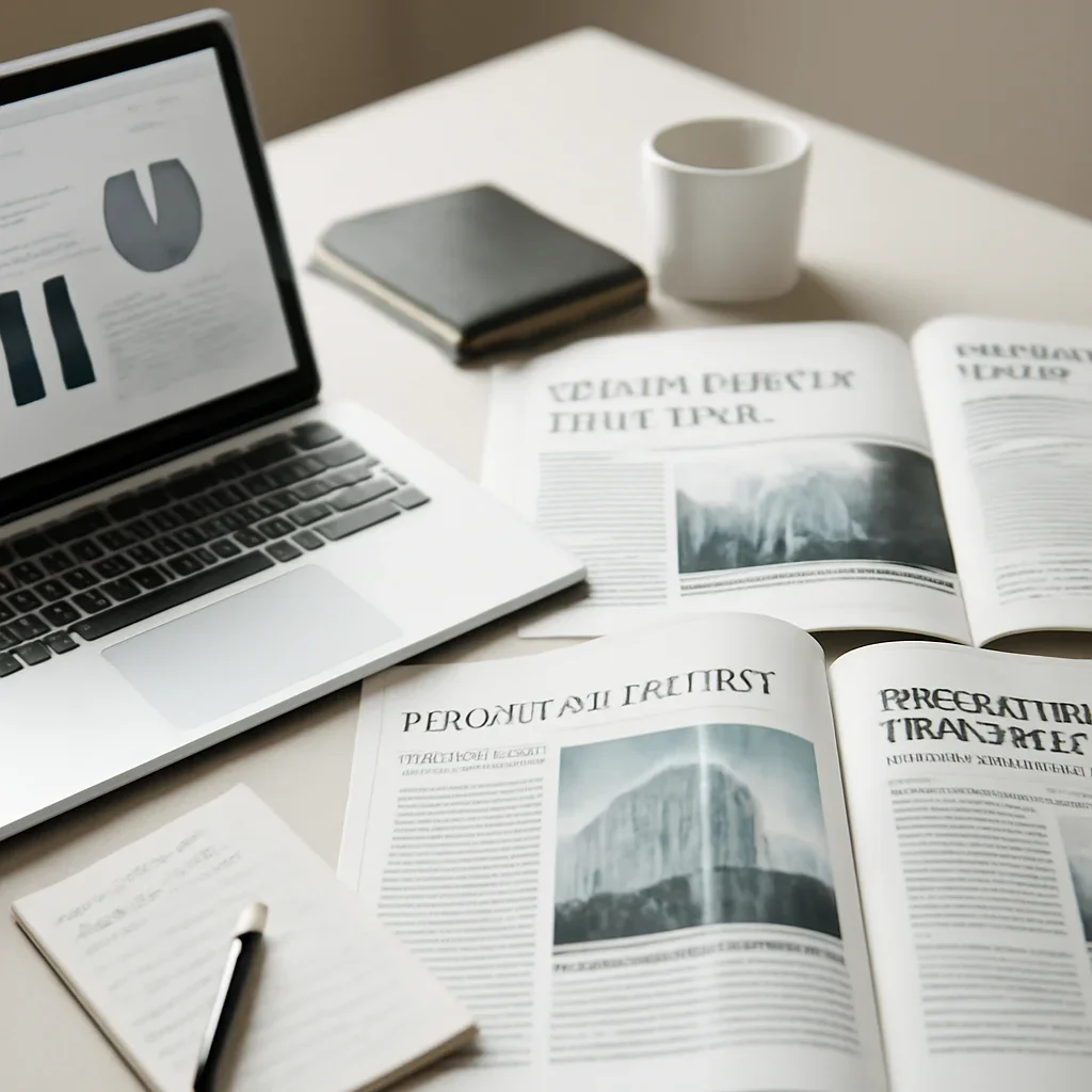 Call-to-action image for Companies featuring editorial workspace focused on public and private company profiles, leadership decisions, strategic pivots, and performance context, with laptops, notes, and clean magazine-style composition