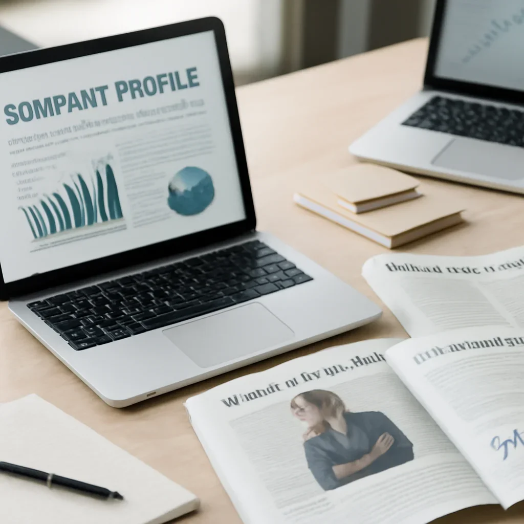 Context image for Companies featuring editorial workspace focused on public and private company profiles, leadership decisions, strategic pivots, and performance context, with laptops, notes, and clean magazine-style composition