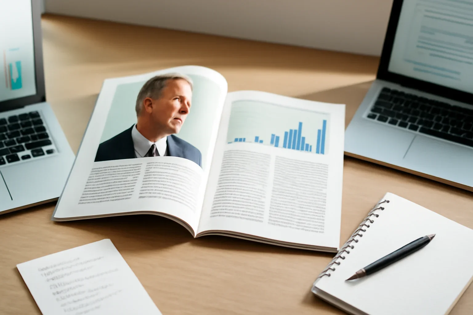Companies hero image showing editorial workspace focused on public and private company profiles, leadership decisions, strategic pivots, and performance context, with laptops, notes, and clean magazine-style composition